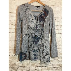 LV Collection Artsy Top Womens Small Gray Mixed Print Mesh Overlay Beading Boho